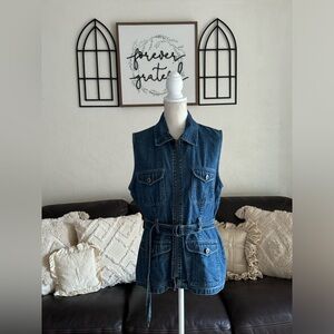 Vintage Y2K Blue Denim Vest Western Full Zip Waist Belt Size L Retro Streetwear